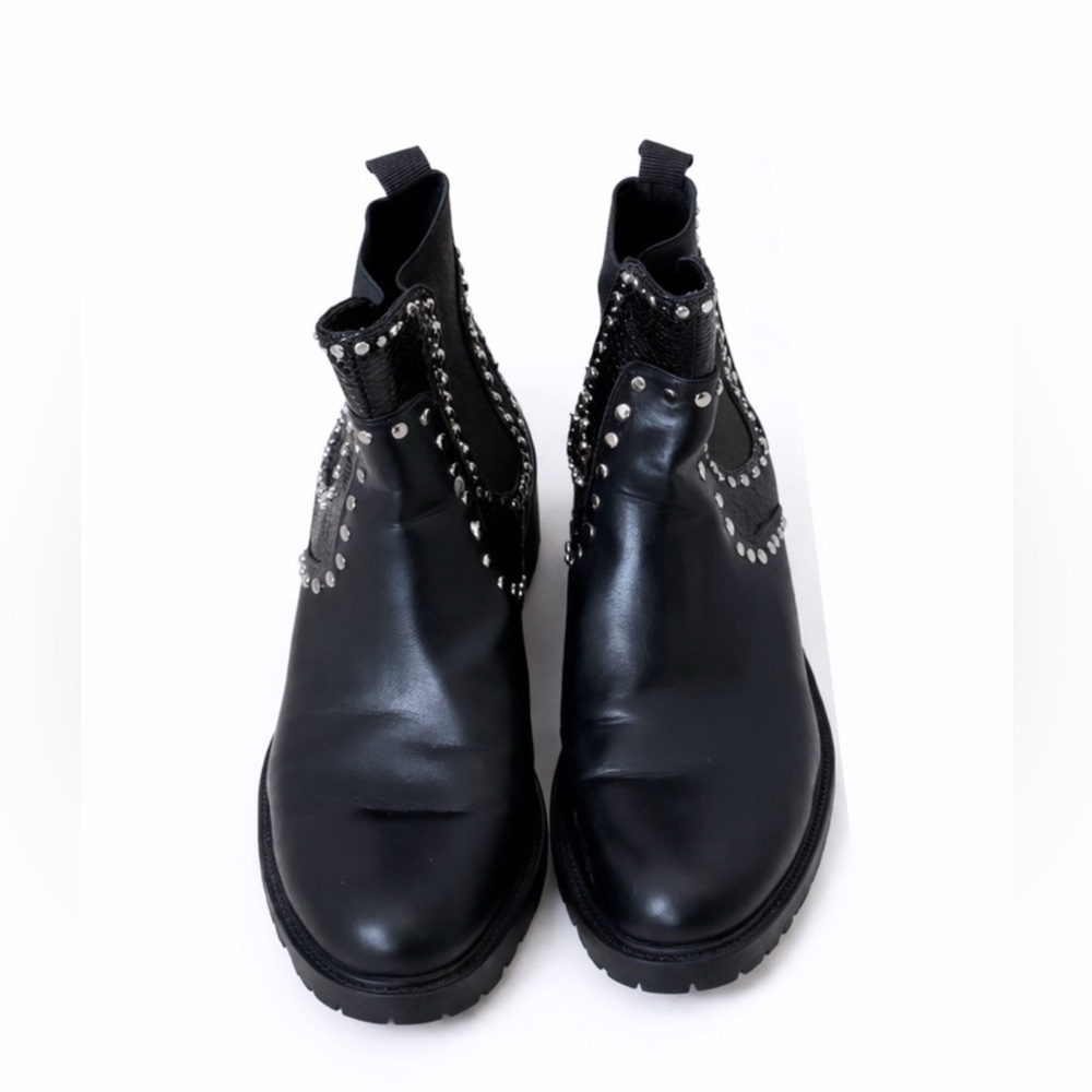 Zara Studded Chelsea Boots Black Leather Snakeskin Trim SZ 9 Chunky Sole